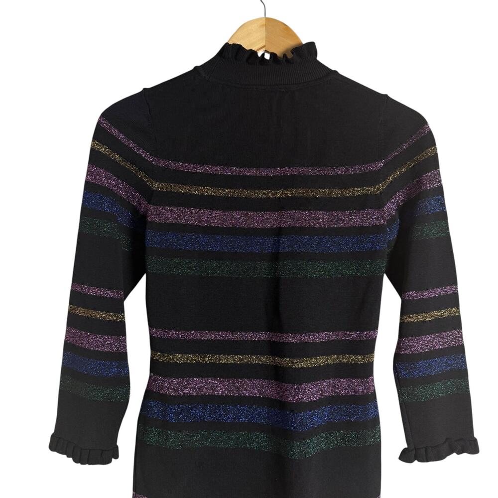 Shoshanna Evette Black Striped Knit Long Sleeve Ruffle Mock Neck Sweater Dress S - Picture 12 of 14